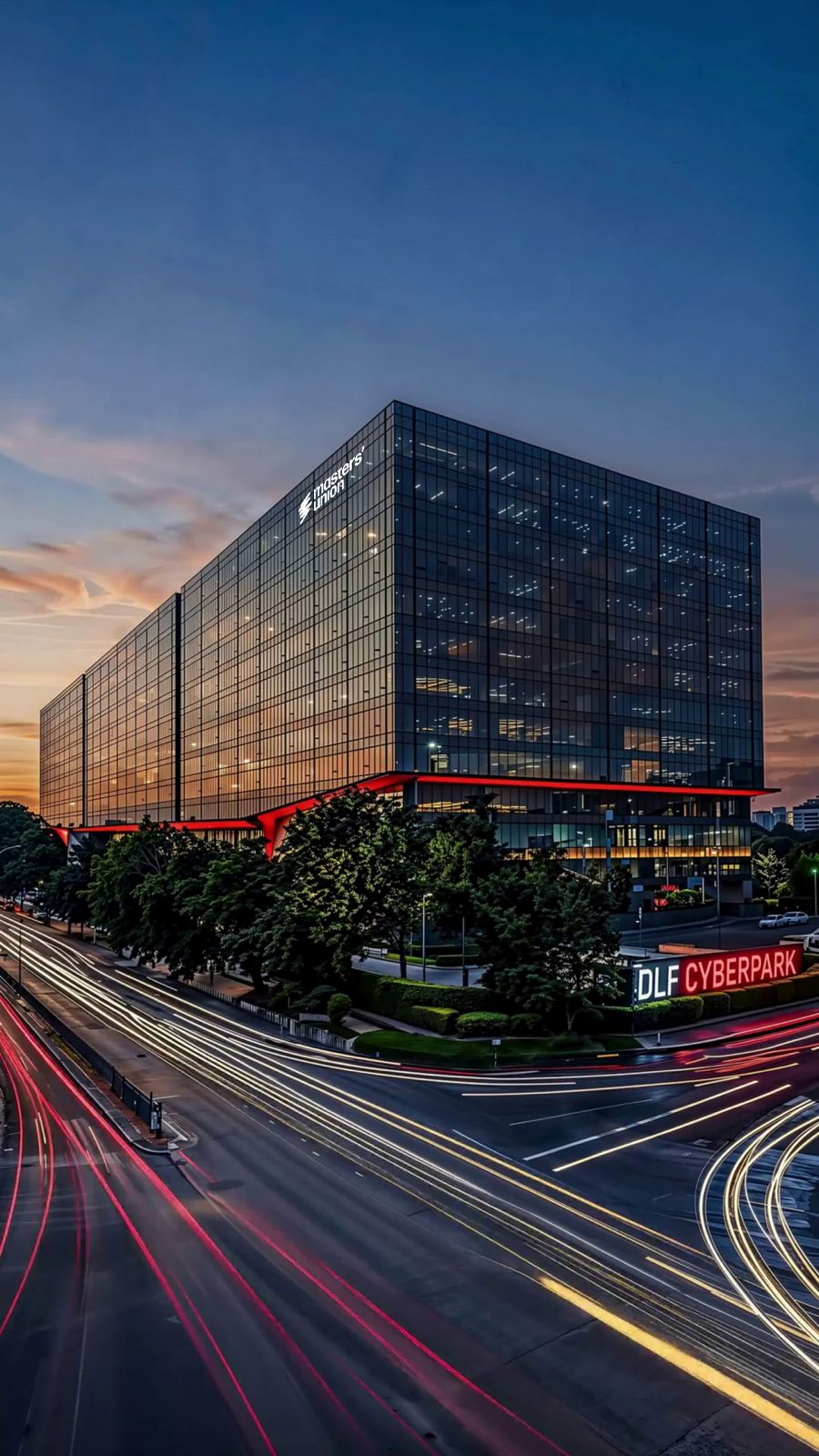 Masters' Union campus at dusk — DLF Cyberpark, Gurugram